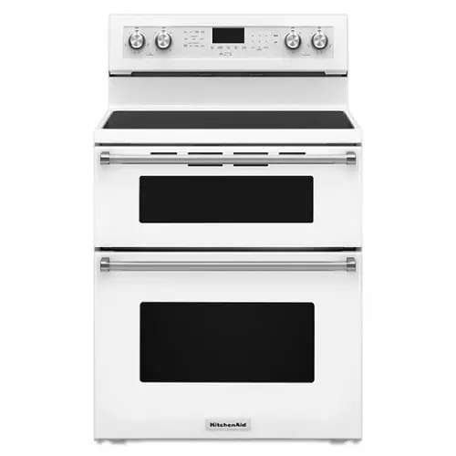 Front. KitchenAid - 6.7 Cu. Ft. Self-Cleaning Freestanding Double Oven Electric Convection Range - White.