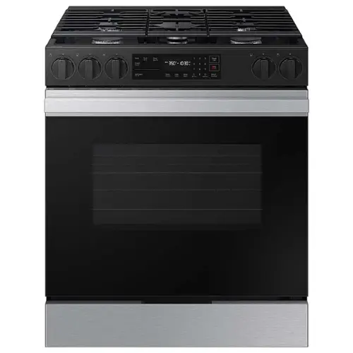 Front. Samsung - OPEN BOX Bespoke 6.0 Cu. Ft. Slide-In Gas Range with Precision Knobs - Stainless Steel.