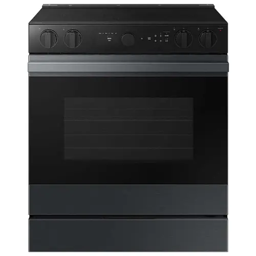Front. Samsung - OPEN BOX Bespoke 6.3 Cu. Ft. Slide-In Electric Range with Air Sous Vide - Matte Black Steel.