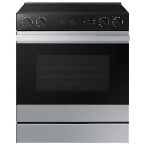 Front. Samsung - OPEN BOX Bespoke 6.3 Cu. Ft. Slide-In Electric Range with Smart Oven Camera - Stainless Steel.