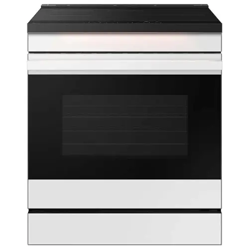 Front. Samsung - OPEN BOX Bespoke 6.3 Cu. Ft. Slide-In Electric Induction Range with Ambient Edge Lighting - White Glass.