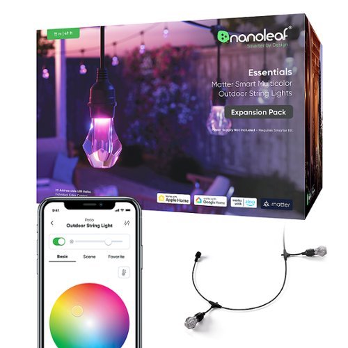 Nanoleaf Essentials Smart Multicolor Outdoor String Lights Expansion Pack 15m (49ft) with 20 Addressable LED Bulbs - White and Colors
