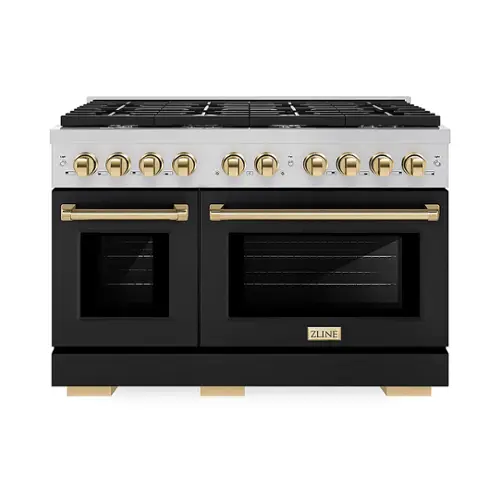 Front. ZLINE - ZLINE  48 in. 6.7 cu. ft. Freestanding Double Oven Gas Range in Stainless Steel with Polished Gold Accents.