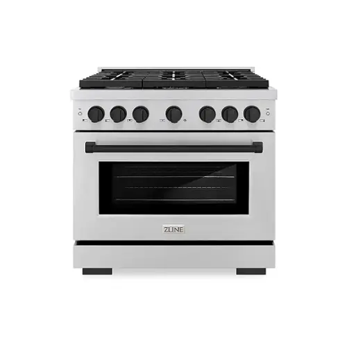 Front. ZLINE - 36 in. 5.2 cu. ft. Freestanding Gas Range with Gas Oven and Matte Black Accents - Stainless Steel.
