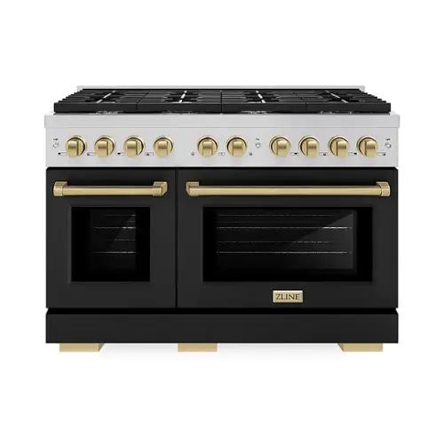 Front. ZLINE - ZLINE 48 in. 6.7 cu. ft. Freestanding Double Oven Gas Range in Stainless Steel with Black Matte Doors.