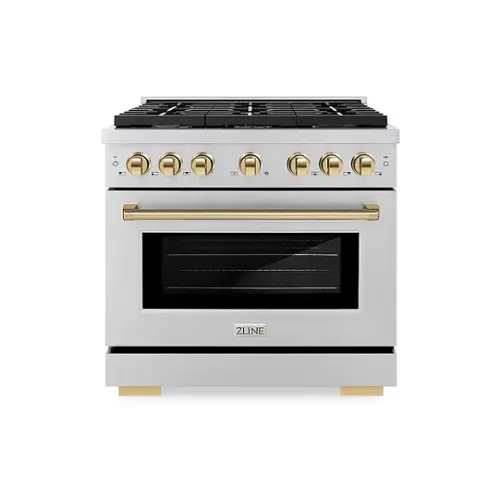 Front. ZLINE - 36 in. 5.2 cu. ft. Freestanding Gas Range with Gas Oven and Polished Gold Accents - Stainless Steel.