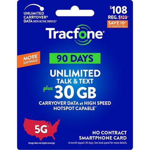 Tracfone - $108 Unlimited Talk & Text plus 30GB of Data 90-Day - Prepaid Plan Card [Digital]