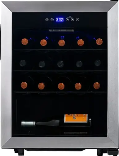 The image features a wine cooler with a digital display and a bottle of wine on the bottom shelf. The cooler is filled with wine bottles, and it has a total of 12 bottles in it. The wine bottle on the bottom shelf is placed next to the cooler, and the cooler is sitting on a counter.