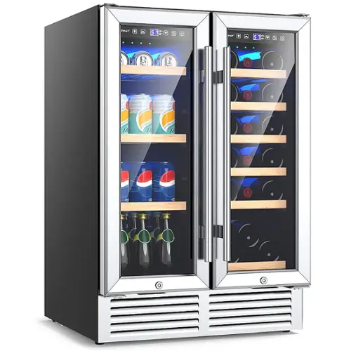 The image shows a double door refrigerator with a variety of drinks inside. There are multiple bottles of soda and water, as well as a few cups. The refrigerator is filled with a diverse selection of beverages, making it a convenient and well-stocked option for those looking to quench their thirst.