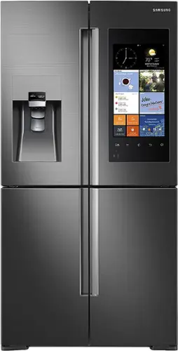 Front. Samsung - Family Hub 22.08 Cu. Ft. Counter-Depth 4-Door Flex Smart French Door Refrigerator - Black stainless steel.