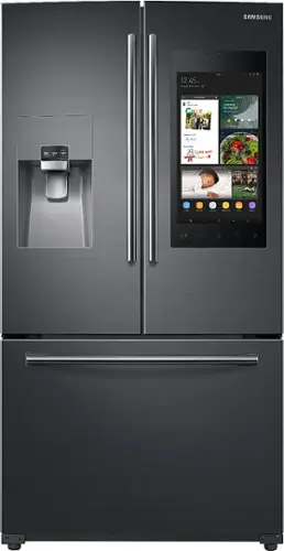 Front. Samsung - Family Hub 24.2 Cu. Ft. 3-Door French Door  Fingerprint Resistant Refrigerator - Black stainless steel.