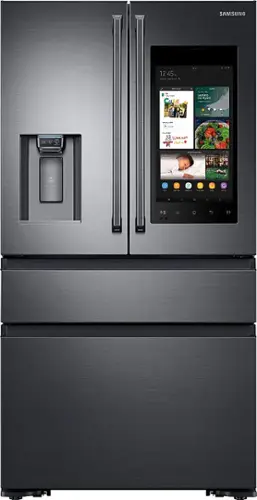 Front. Samsung - Family Hub 22.2 Cu. Ft. 4-Door French Door Counter-Depth Fingerprint Resistant Refrigerator - Black stainless steel.