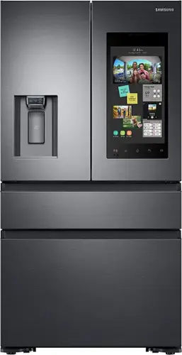 Front. Samsung - Family Hub 22.2 Cu. Ft. Counter Depth 4-Door French Fingerprint Resistant Refrigerator - Black Stainless Steel.