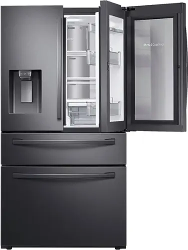 Front. Samsung - 22.4 cu. ft. 4-Door French Door Counter Depth Smart Refrigerator with Food Showcase - Fingerprint Resistant Black Stainless Steel.