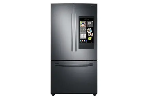 Front. Samsung - 28 cu. ft. 3-Door French Door Smart Refrigerator with Family Hub - Fingerprint Resistant Black Stainless Steel.