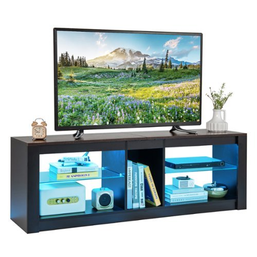 Gymax - TV Stand w/ LED Light for TVs up to 65 inch w/ Adjustable Tempered Glass Shelves - Black, Brown-Front_Standard 