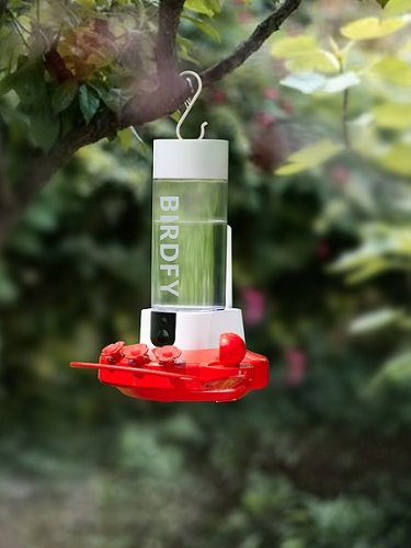 BIRDFY Hummingbird Feeder for Outdoors Hanging Ant Proof, with Dual Cameras, Solar Power & AI Enabled Bird Recognition - Red and White GLOBAL SHIPPING