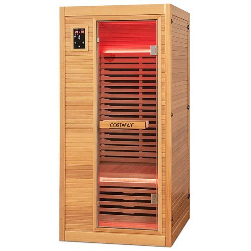 Costway - 1 Person Far Infrared Wooden Sauna Room with Bluetooth Speakers, 9 Carbon Heaters - Natural-Front_Standard 