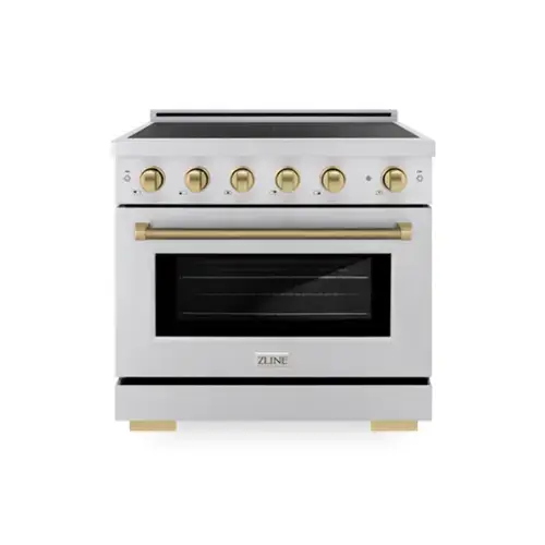 Front. ZLINE - Autograph 36 in. 5.2 cu. ft. Paramount Freestanding Induction Range with 5 Burners and Champagne Bronze Helix Handle - Stainless Steel.
