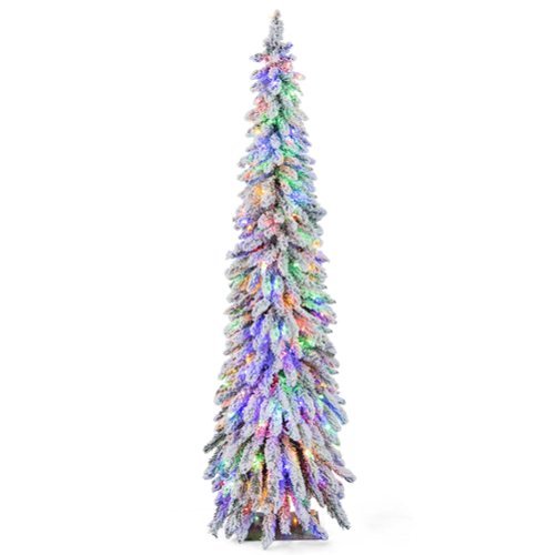 Costway - 6 FT Pre-Lit Slim Christmas Tree Flocked Xmas Decoration 11 Modes 250 LED Lights - Green /White
