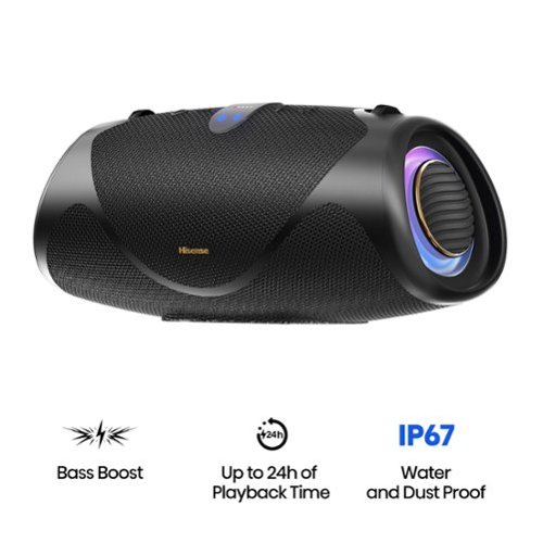 $149.99, Was $199.99, 25% Off! Hisense - Bluetooth Speaker WeBoom, Up to 24-Hour Playtime, Convenient Carry Strap, IP67, Auracast – - Black dealfomo