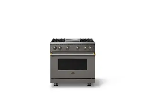 Front. Viking - Pro 5 Series 5.1 Cu. Ft. Freestanding Sealed 4 Burner LP Gas Convection Range/Griddle - Damascus Gray w. Brushed Brass - Damascus Gray.