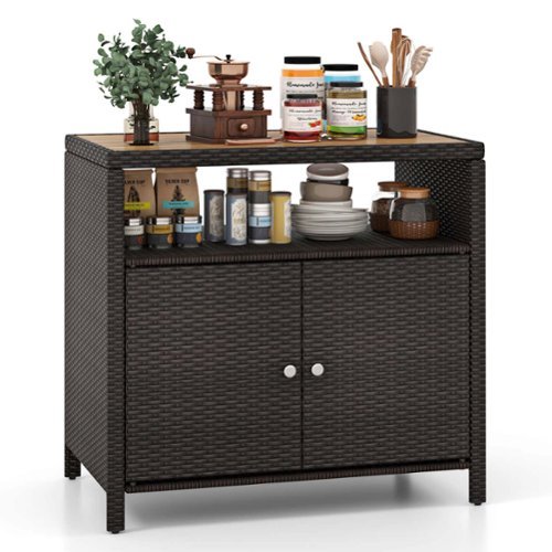 Costway - Patio Rattan Storage Cabinet with Acacia Wood Countertop Open Shelf 2 Door Cabinet - Mix Brown + Natural-Front_Standard 