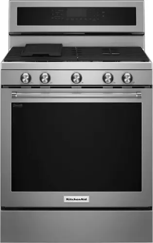 The image features a stainless steel KitchenAid oven with a black door. The oven is open, revealing the interior.
