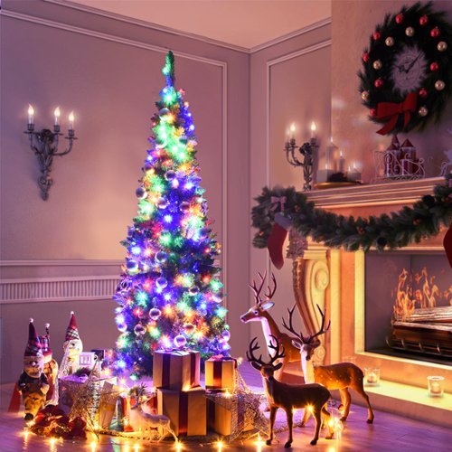 Costway - 6.5ft Pre-Lit Hinged Pencil Christmas Tree 250 Multicolor Lights