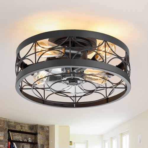 Breezary - 16.5-Inch Cage Fan with Light Bulb, 7 ABS Blades, DC Motor, 6-Speed Settings, Remote Control - black and grey-Front_Standard 