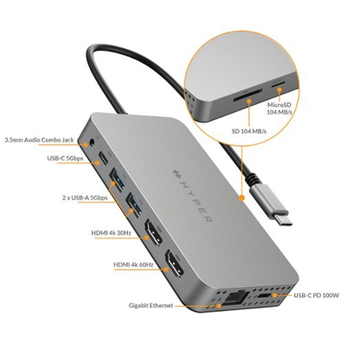 Hyper Drive Dual 10 Port USB-C Hub, 4K HDMI, Ethernet, 1 USB-C, 2 USB-A, microSD/SD, travel dock for M1/M2/M3 MacBook - Gray WHERE TO BUY