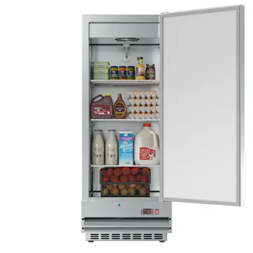 The refrigerator is stocked with various food items, including milk, eggs, and apples. There are also several bottles of drinks, such as juice and soda, as well as a carton of eggs. The refrigerator is open, revealing the assortment of items inside.
