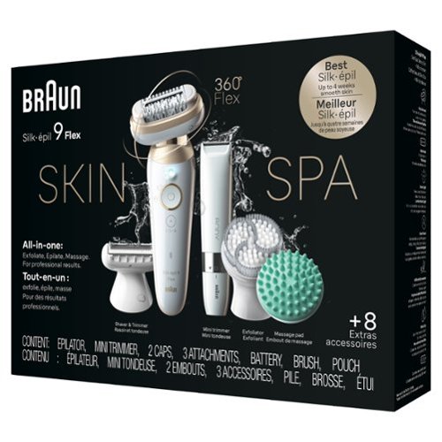 Braun Silk-épil 9 Flex-Pivoting SkinSpa Epilator, Wet/Dry, Shaver Head, Massage Pad, Exfoliation Brush and BodyTrimmer - White/Tinted Gold GLOBAL SHIPPING