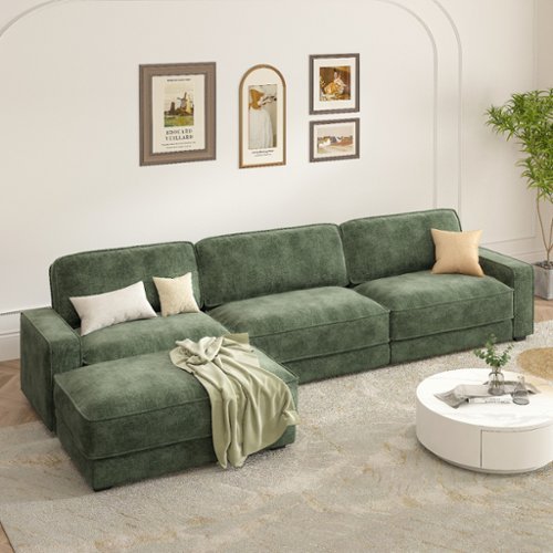 Dyonery - 119" L Shaped Couch Modular Sectional Sleeper Sofa, CHENILLE Fabric, , Tool-Free Assembly,Green - Green-Front_Standard 