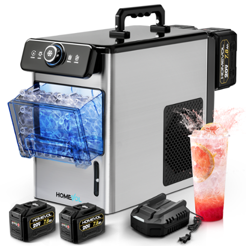Homevol - Ice Maker for Indoor & Outdoor Use, Battery Powered or Plug-in, Portable Ice Machine for Camping, RV, Parties & Home - Silver-Front_Standard 