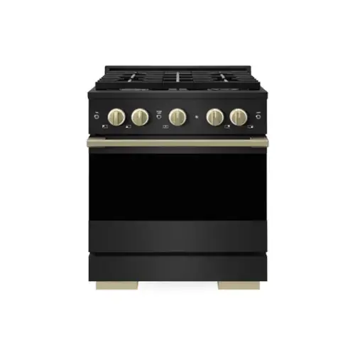 Front. ZLINE - Autograph 30 in. 4.2 cu. ft. Marino Dual Fuel Freestanding Range with 4 Gas Burners in Black Steel with Bronze Accents - Black Stainless Steel.
