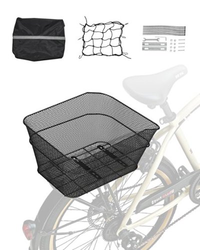 VEVOR - Rear Bike Basket, Wire Mesh Bicycle Basket with Cargo Net & Waterproof Cover, Durable Metal Bike Back Basket - Black-Front_Standard 