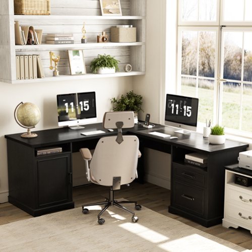 Aheaplus - L Shaped Desk with Charging Station, 60'' Computer Desk Workstation with File Cabinet and Drawers for Home & Office - Black-Front_Standard 