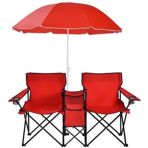Costway Portable Folding Picnic Double Chair W/Umbrella Table Cooler Beach Camping - Red