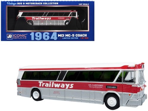  Iconic Replicas - 1964 MCI MC-5A Coach Bus Trailways Chicago White Red Stripes 1/87 HO Vintage Bus Motorcoach Limited 504 pcs - White with Red