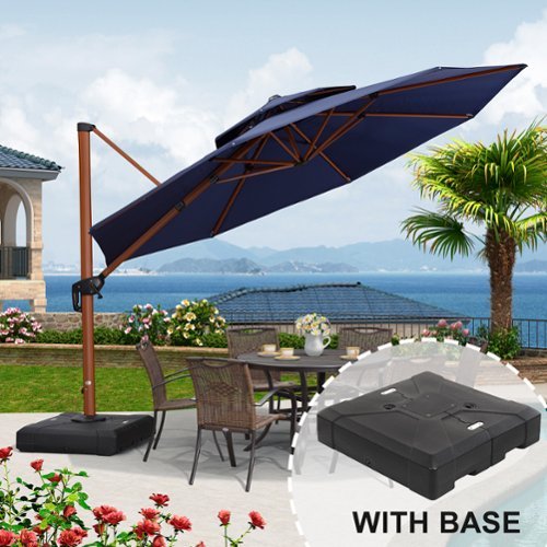 PURPLE LEAF - 12 ft. Patio Octagon Outdoor Large Cantilever Umbrella Windproof Offset Heavy Duty Sun Umbrella with Base for Garden - Navy Blue-Front_Standard 