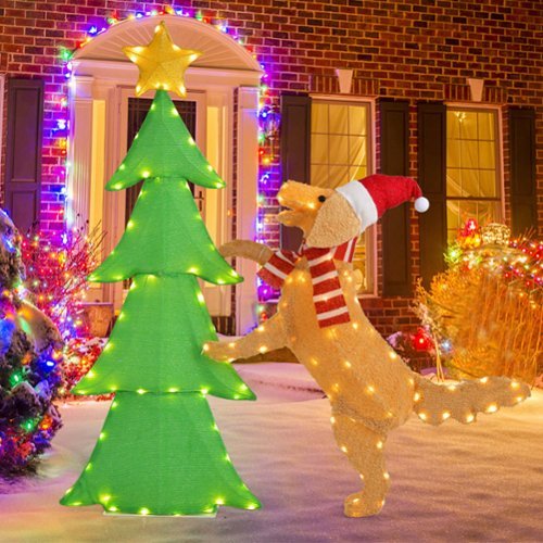 Costway 4 FT Christmas Tree & Dog Lighted Tinsel Holiday Decoration with 125 Lights - Multicolor