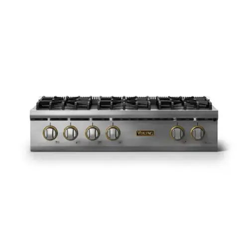 Front. Viking - 36"W. Pro5S 6 Burner Built-in Gas Sealed Burner Rangetop-LP-Stainless Steel/Brushed Brass - Stainless Steel.
