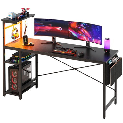 Bestier Gaming Desk with LED Lights, Storage Shelves, and Side Bag - 61" wide - Black