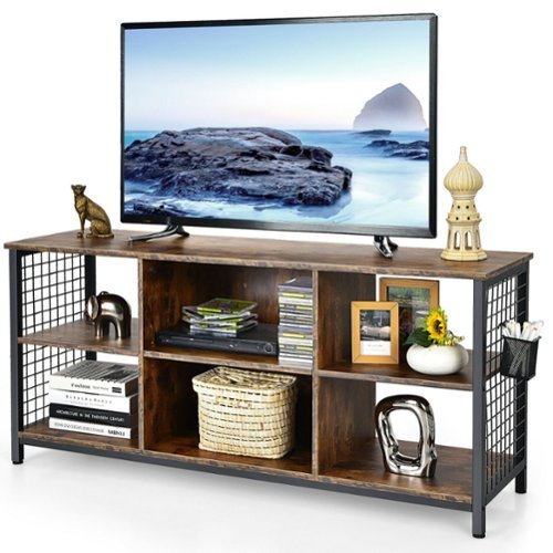 Gymax - 3-Tier TV Stand for TV's up to 65'' Entertainment Media Center w/Storage Basket - Rustic Brown, Black-Front_Standard 
