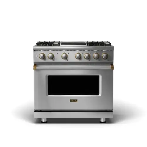 Front. Viking - 5-Series 5.6 Cu. Ft. Self-Cleaning Freestanding Dual Fuel Convection Range - Stainless with Brushed Brass Accents.