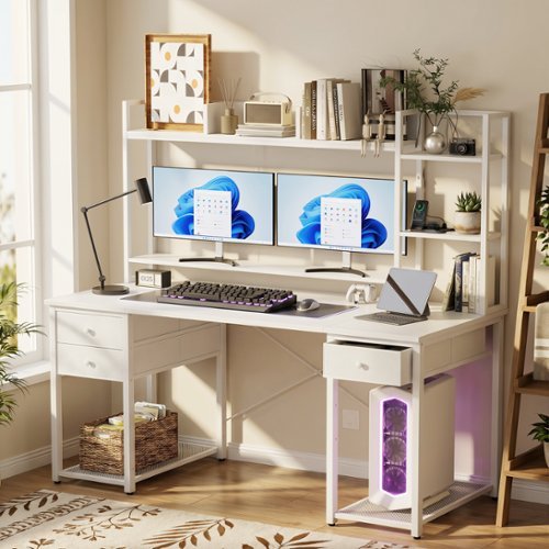 Aheaplus - Computer Desk with Hutch, Gaming Desk with Drawers, LED Lights, Outlets, and Monitor Stand - White-Front_Standard 