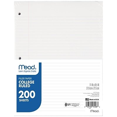 Mead - College Ruled Filler Paper, 8.5" x 11", 3-Hole Punched, 200 Sheets/Pack (MEA17208) - White