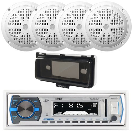 Pyle - PLMRB29W Marine MP3 Radio Bluetooth Digital Media Receiver, Cover, 4x 6.5" 150W Dual Cone Speakers (White)-Front_Standard 
