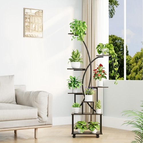 U-HOMY - 8-Tier Tall Metal Plant Stand with Grow Lights, Rolling Indoor Plant Shelf with Wheels for Small Spaces - Brown-Front_Standard 